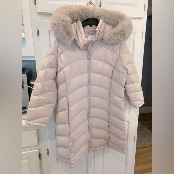 Calvin Klein Sorona Aura Lightweight Cream Chevron MidLength Puffer Coat Size LG - Picture 2 of 15